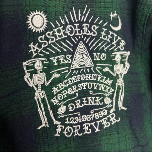 A**Holes Live Forever Green Blue Plaid Long Sleeve Mens Embroidered Shirt XXXL - Picture 6 of 10